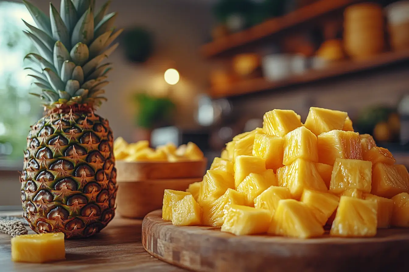 A glass of freshly made pineapple juice garnished with a pineapple wedge and mint, served on a tropical background.