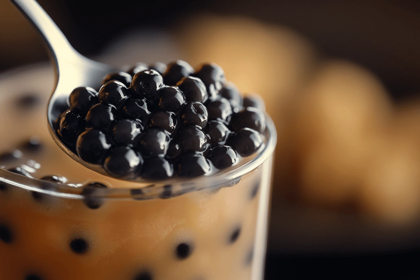 Close-up of black tapioca pearls in bubble tea