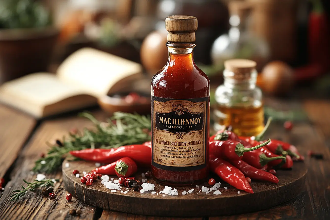 A vintage bottle of Tabasco hot sauce on a wooden table with chili peppers and oak barrels.