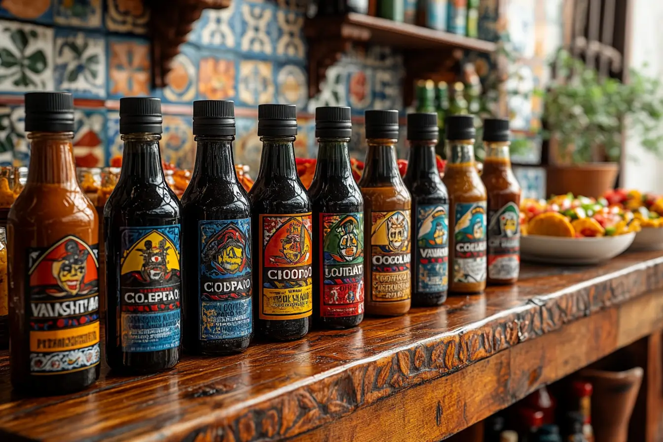 A variety of popular Mexican hot sauces, including Valentina, Cholula, Tapatío, El Yucateco, and Salsa Huichol, displayed on a rustic wooden table