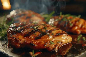 Juicy grilled chicken breasts garnished with fresh herbs and lemon slices.