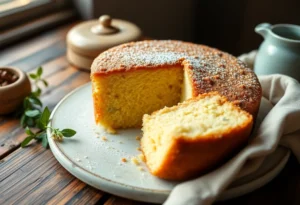 Light golden sponge cake topped with a dusting of powdered sugar on a white plate.