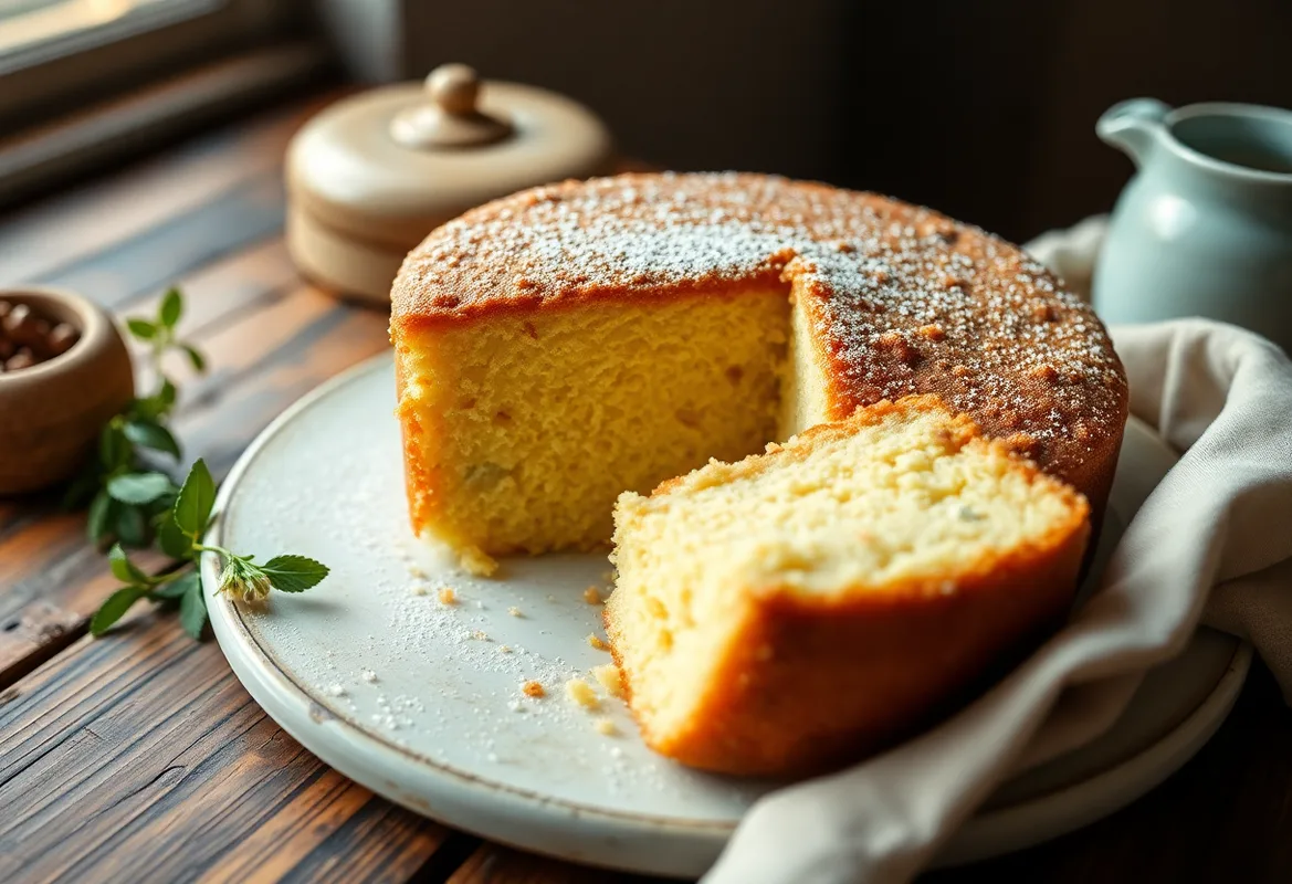 Light golden sponge cake topped with a dusting of powdered sugar on a white plate.