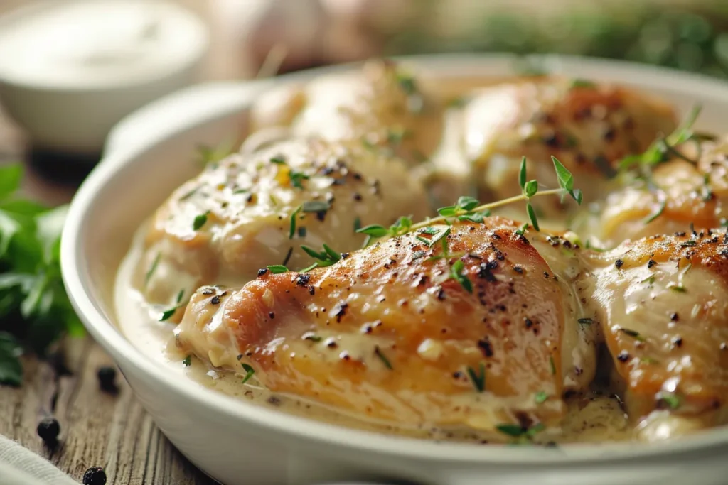 A tantalizing close-up of creamy garlic chicken, showcasing its luscious sauce glistening in the light, with tender, golden-brown pieces nestled in vibrant green parsley.