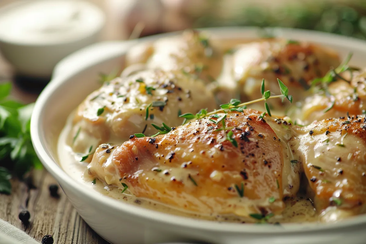A tantalizing close-up of creamy garlic chicken, showcasing its luscious sauce glistening in the light, with tender, golden-brown pieces nestled in vibrant green parsley.
