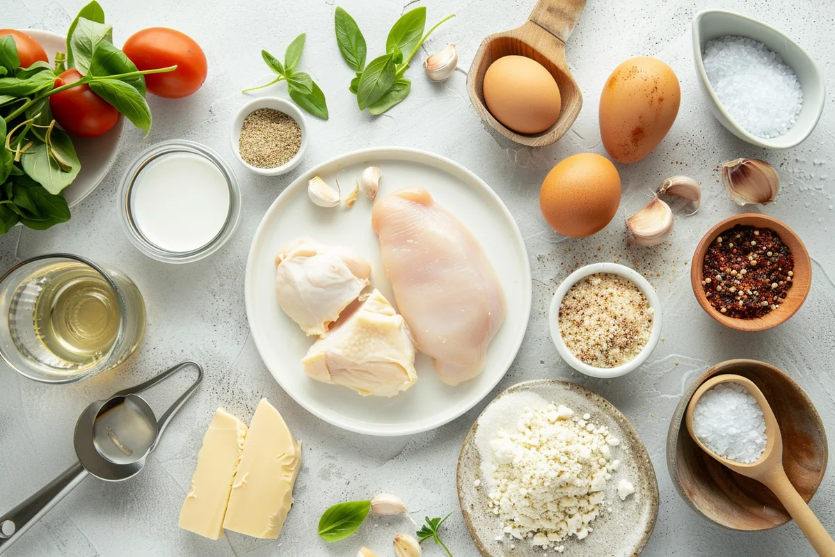 Fresh ingredients for creamy garlic chicken: garlic cloves, chicken breasts, and cream.