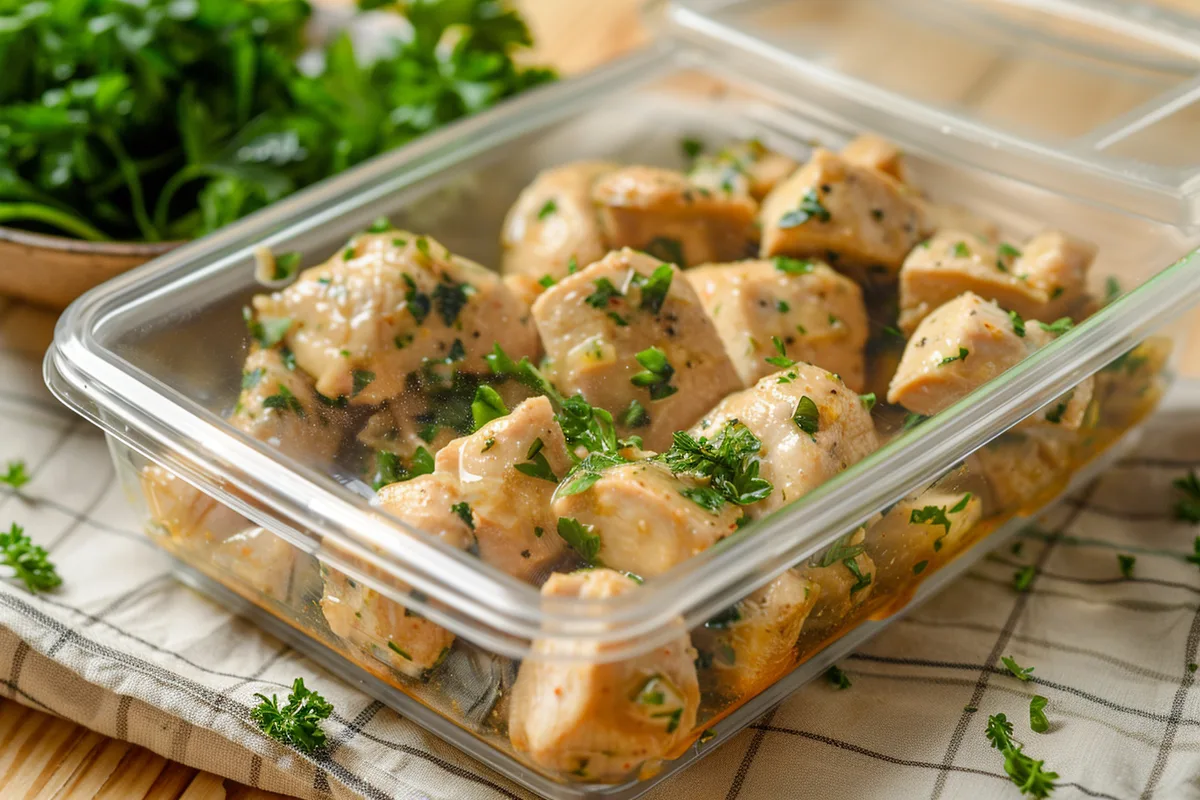 Creamy garlic chicken in a glass storage container, sealed with a lid.